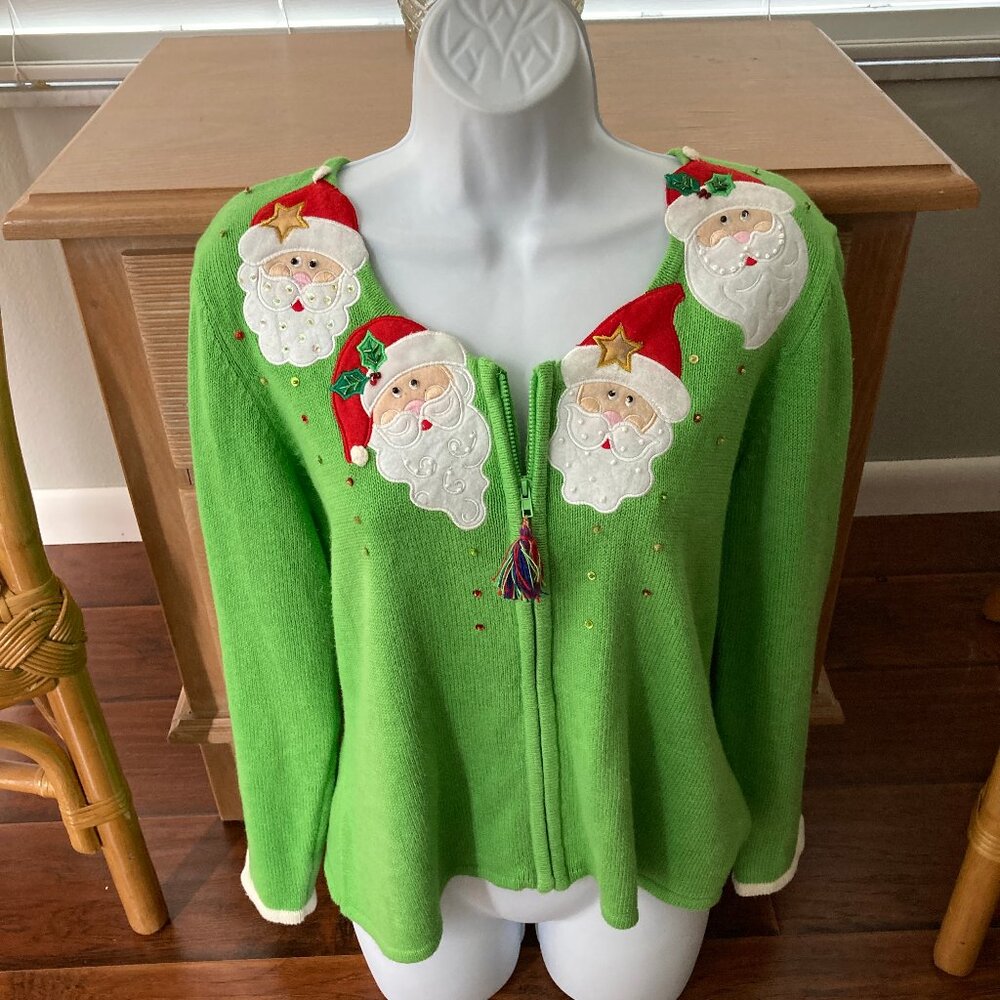 Tiara International Christmas Collection Santa Green Cardigan Sweater Medium